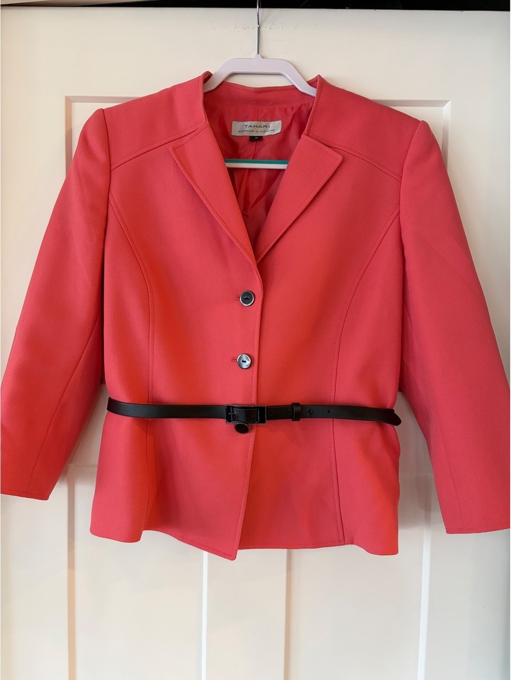 Tahari Arthur S. Levine Belted Blazer — Coral Pink, Size 14